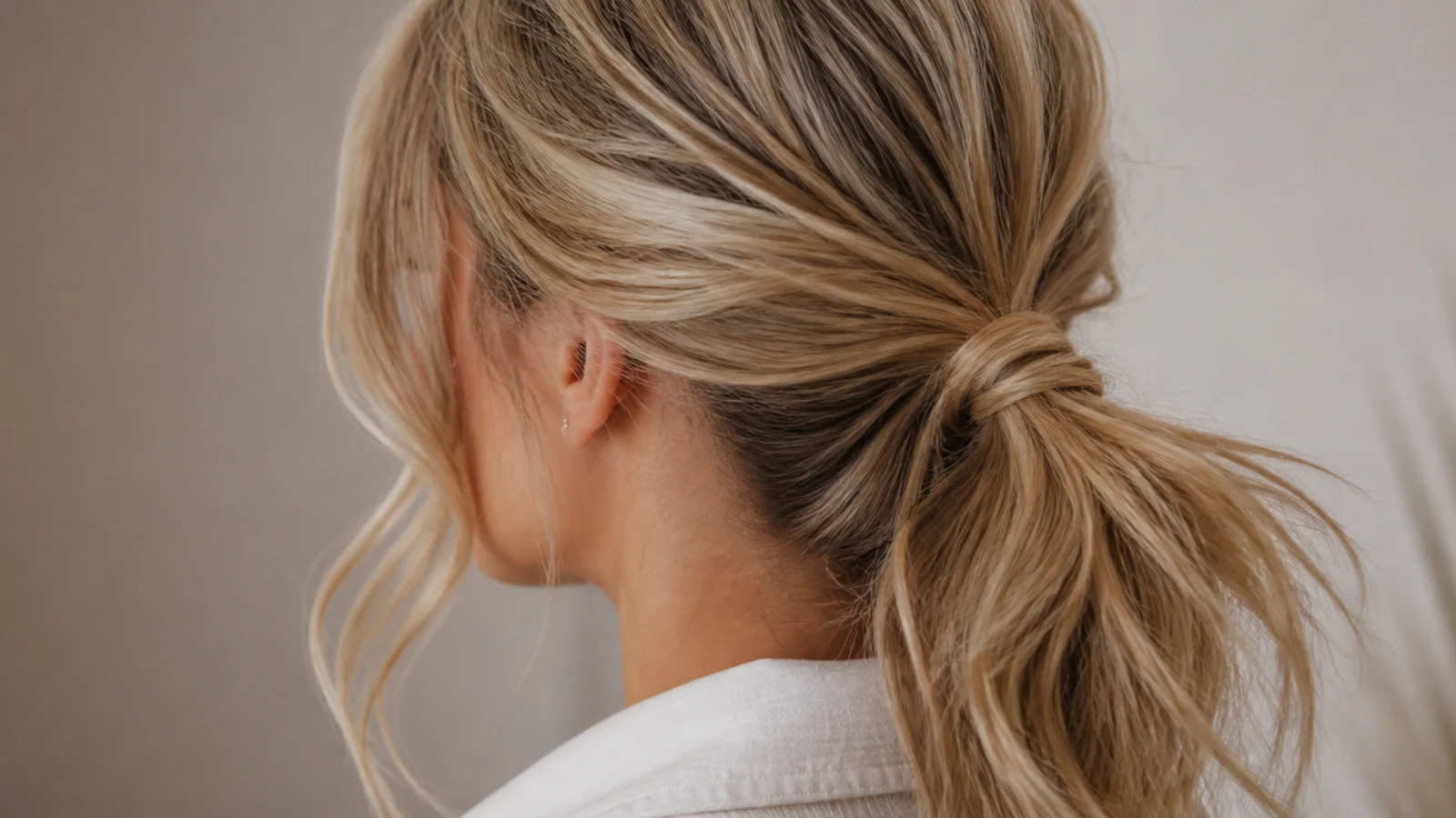 A lived in low ponytail with natural bends through the length