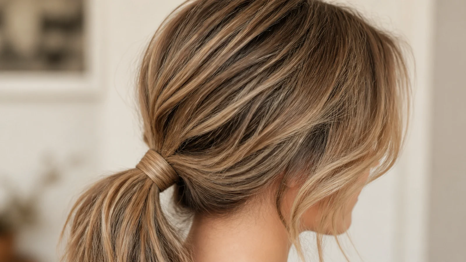 A deep parting sweeping across the crown into a low ponytail