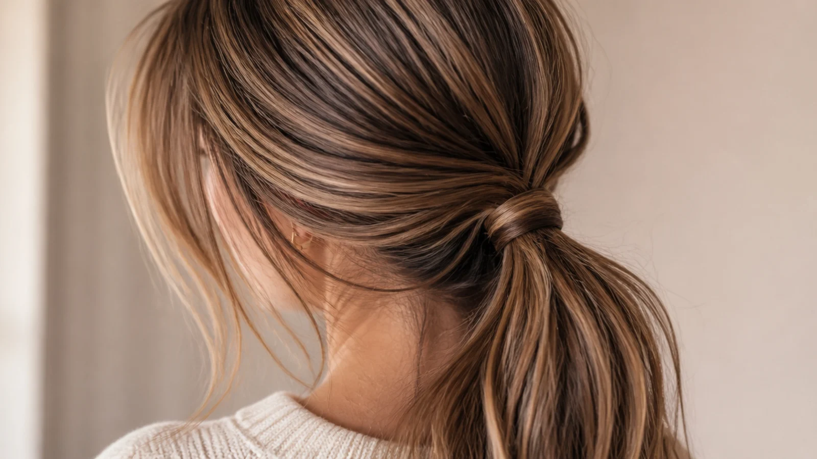A low ponytail gathered behind one ear with the other side smoothed