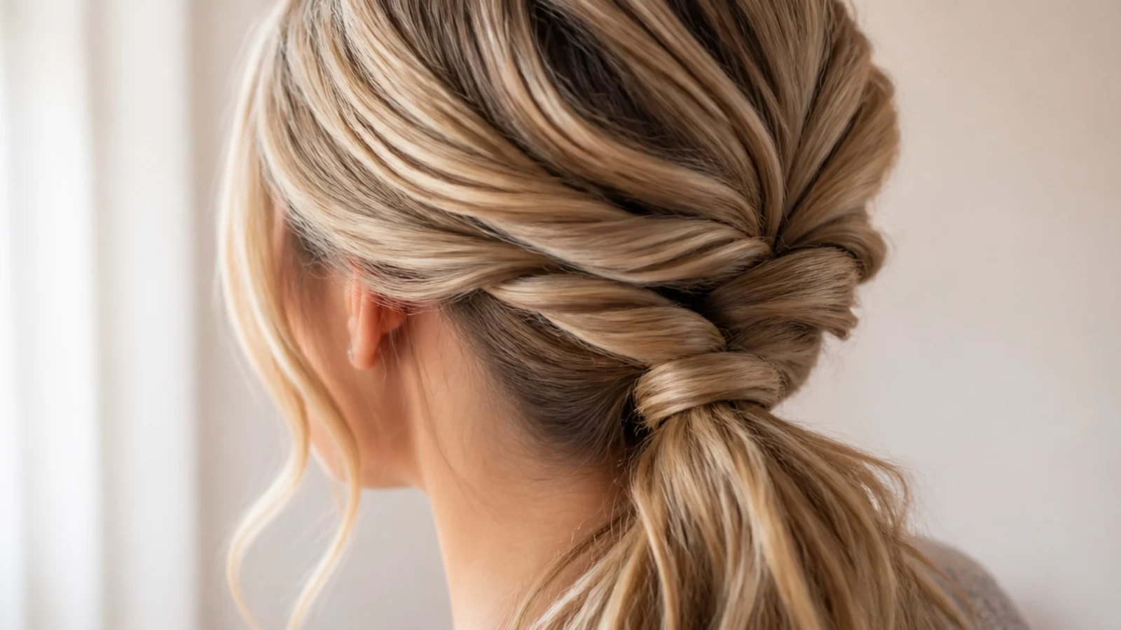 Twisted side sections running back into a low ponytail