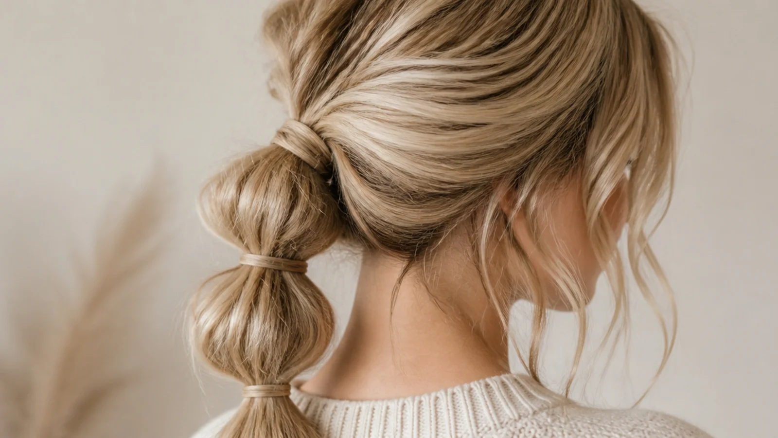 A low ponytail divided into rounded segments by small clear bands