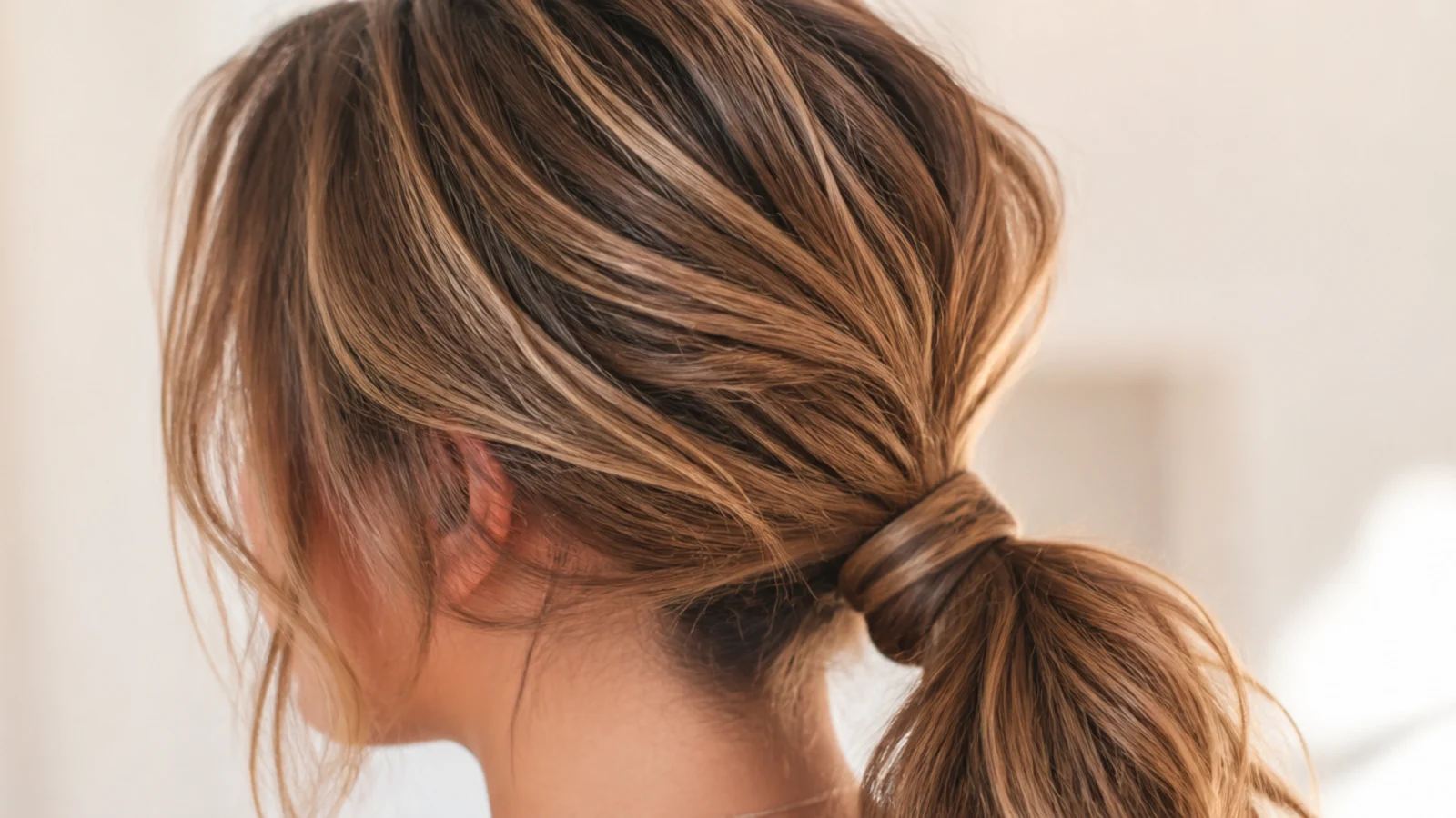 A thick low ponytail resting at the nape with a full textured tail