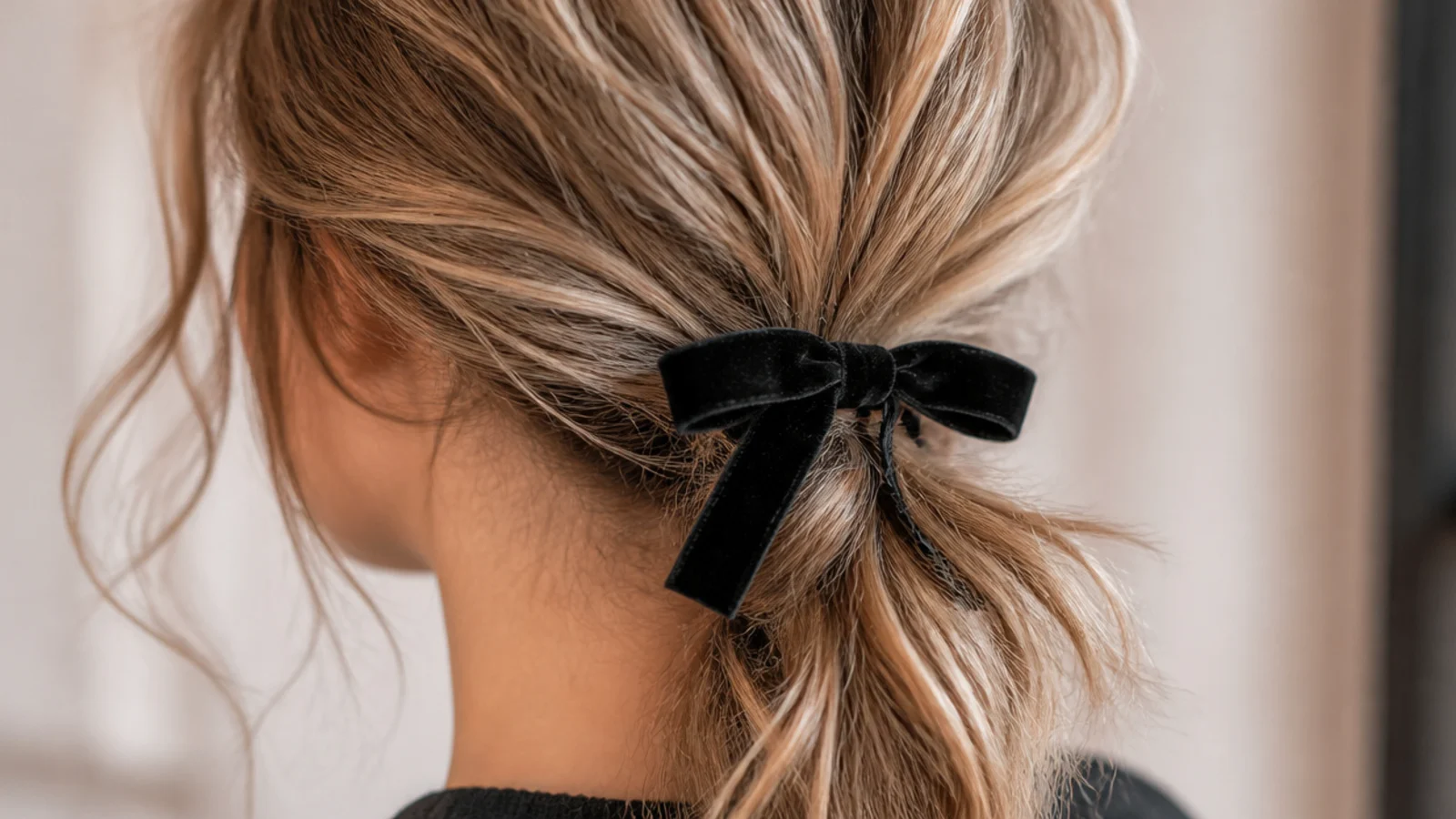A velvet bow tied over the base of a low ponytail