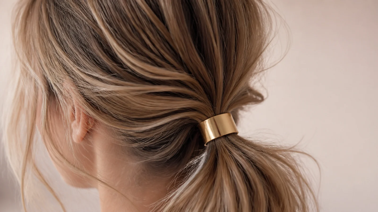 A gold cuff fastened around the base of a low ponytail