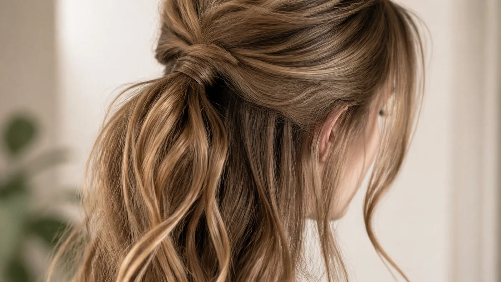 The top section tied into a low half up ponytail with the length loose