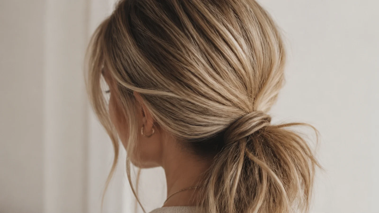 Smooth roots running back into a low ponytail with a textured tail