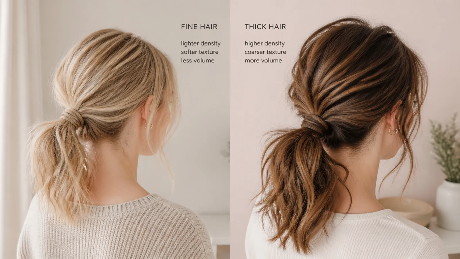 A split frame comparing a fine haired low ponytail with a thick haired one