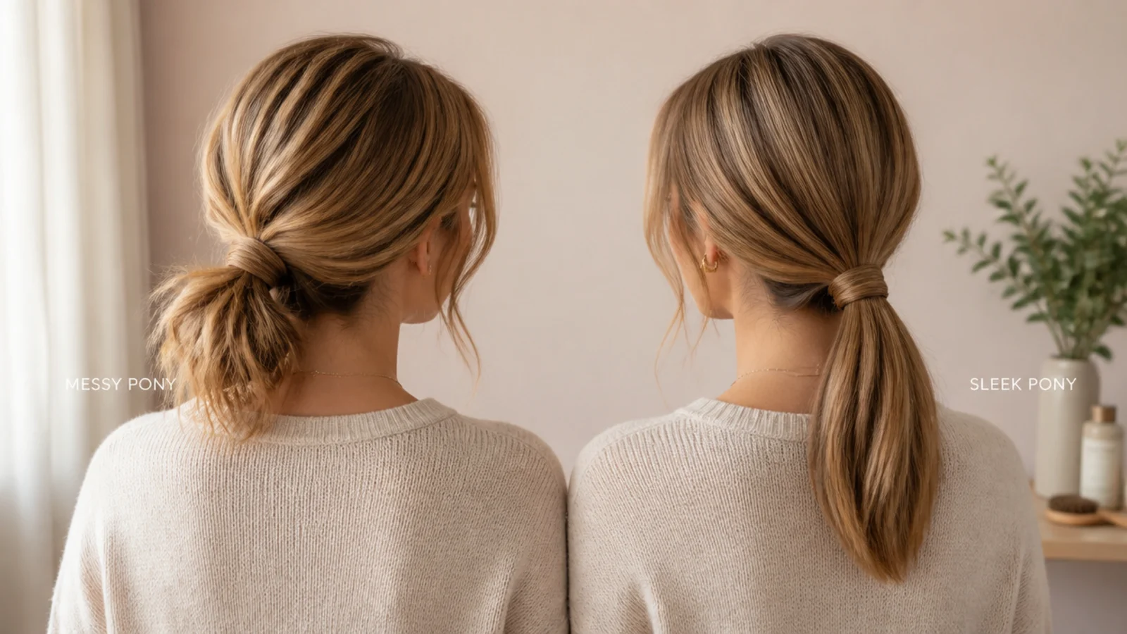 A split frame comparing a smoothed low ponytail with a textured one