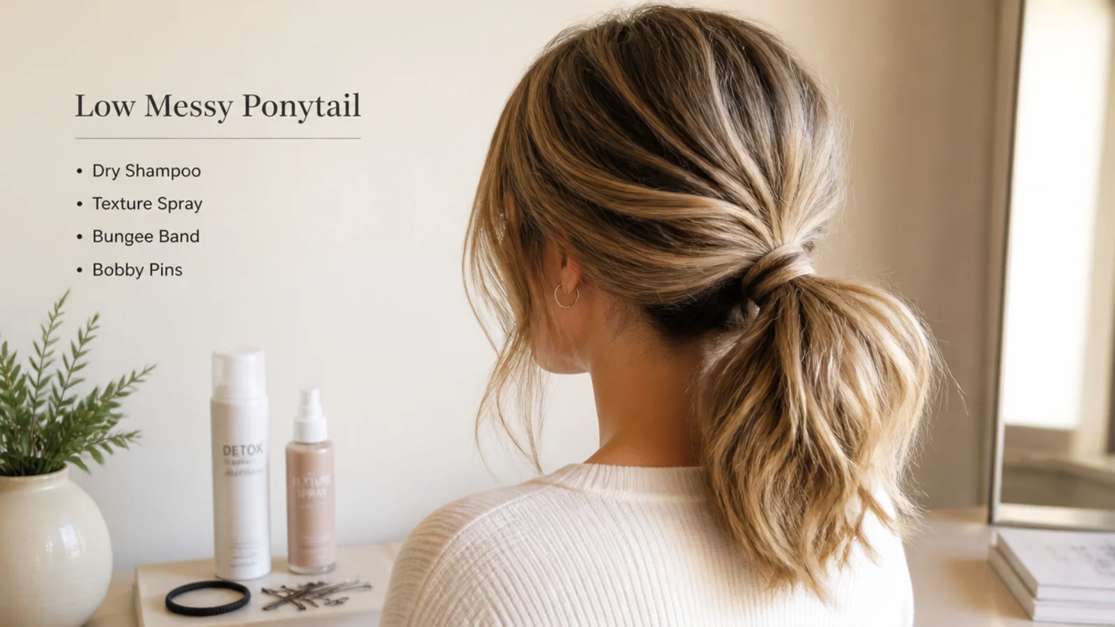 A texture spray, dry shampoo and soft hair ties arranged on a pale tray