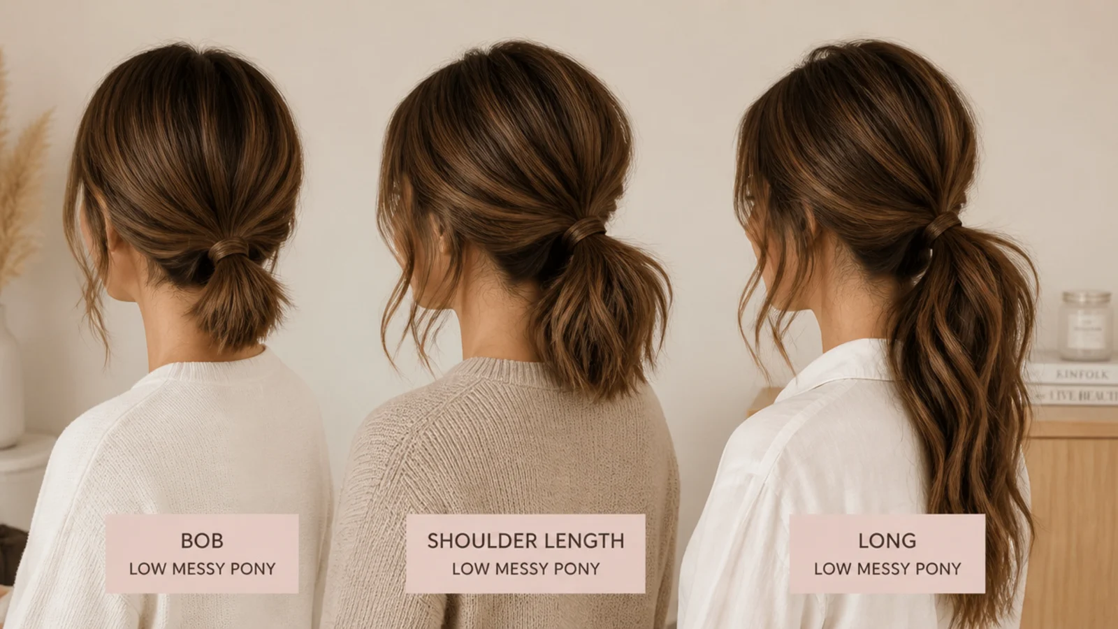 Low ponytails shown at bob, shoulder and long lengths side by side