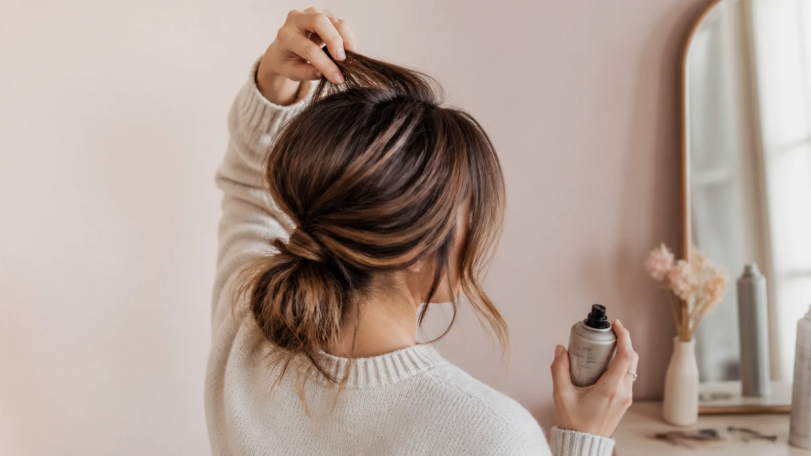Hands lifting a backcombed cushion at the crown above a low ponytail