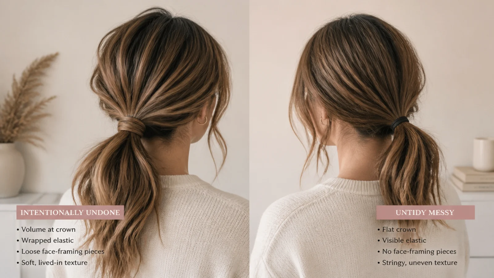 A close view of a low ponytail base with softly separated strands above it