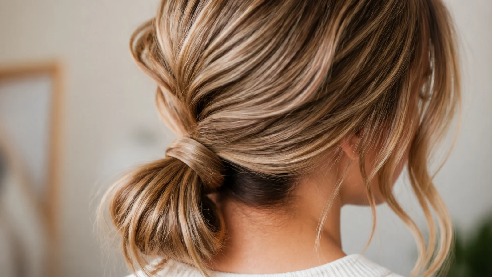 A hastily gathered ponytail with the brush left untouched on the table