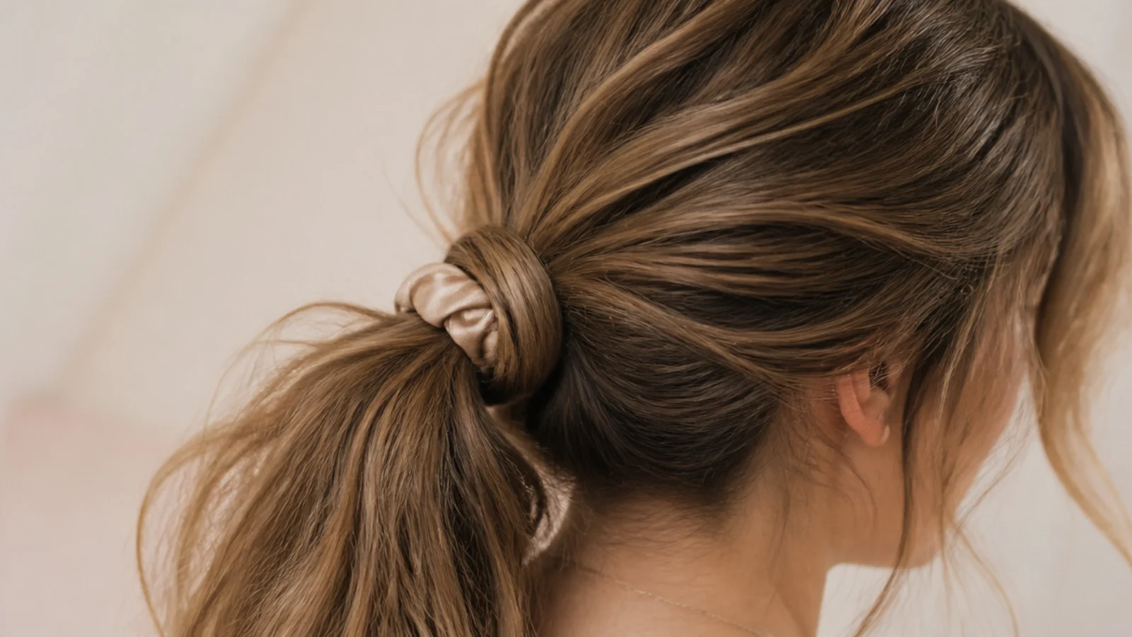 A fabric scrunchie gathering a loose ponytail at the back of the head