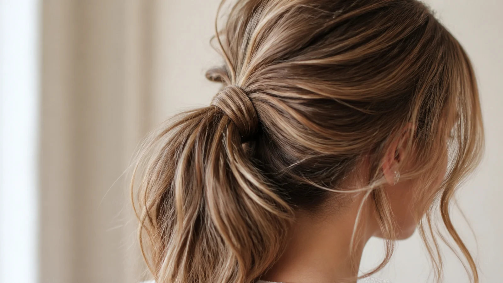 A hooked bungee band wrapped around the base of a shoulder length ponytail