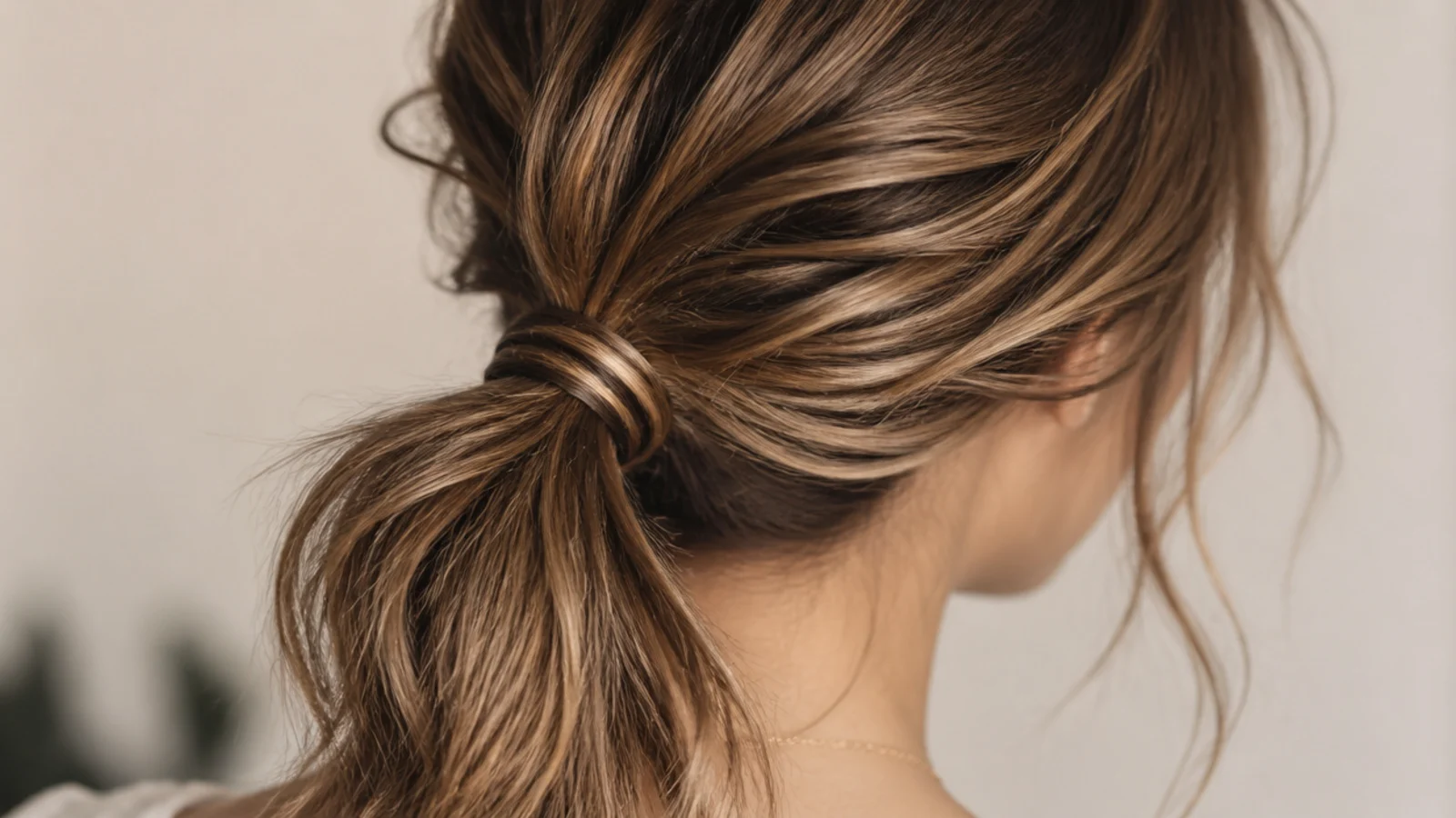 A ponytail base with hair wound around the elastic to conceal it