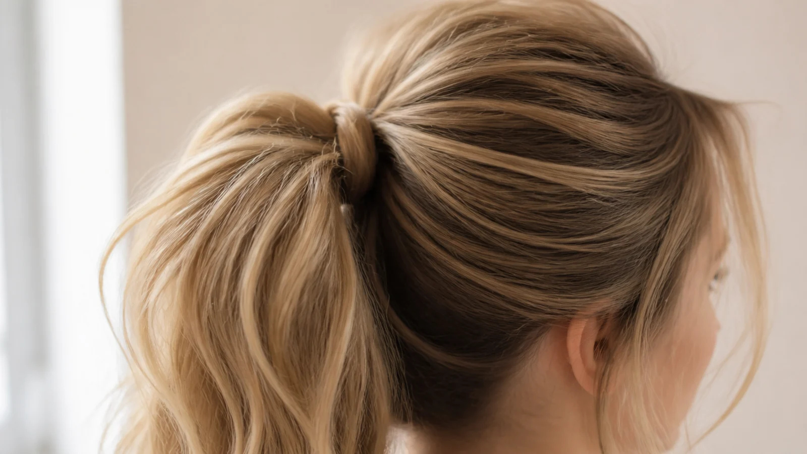 Fingers lifting strands at the crown of a fine haired ponytail