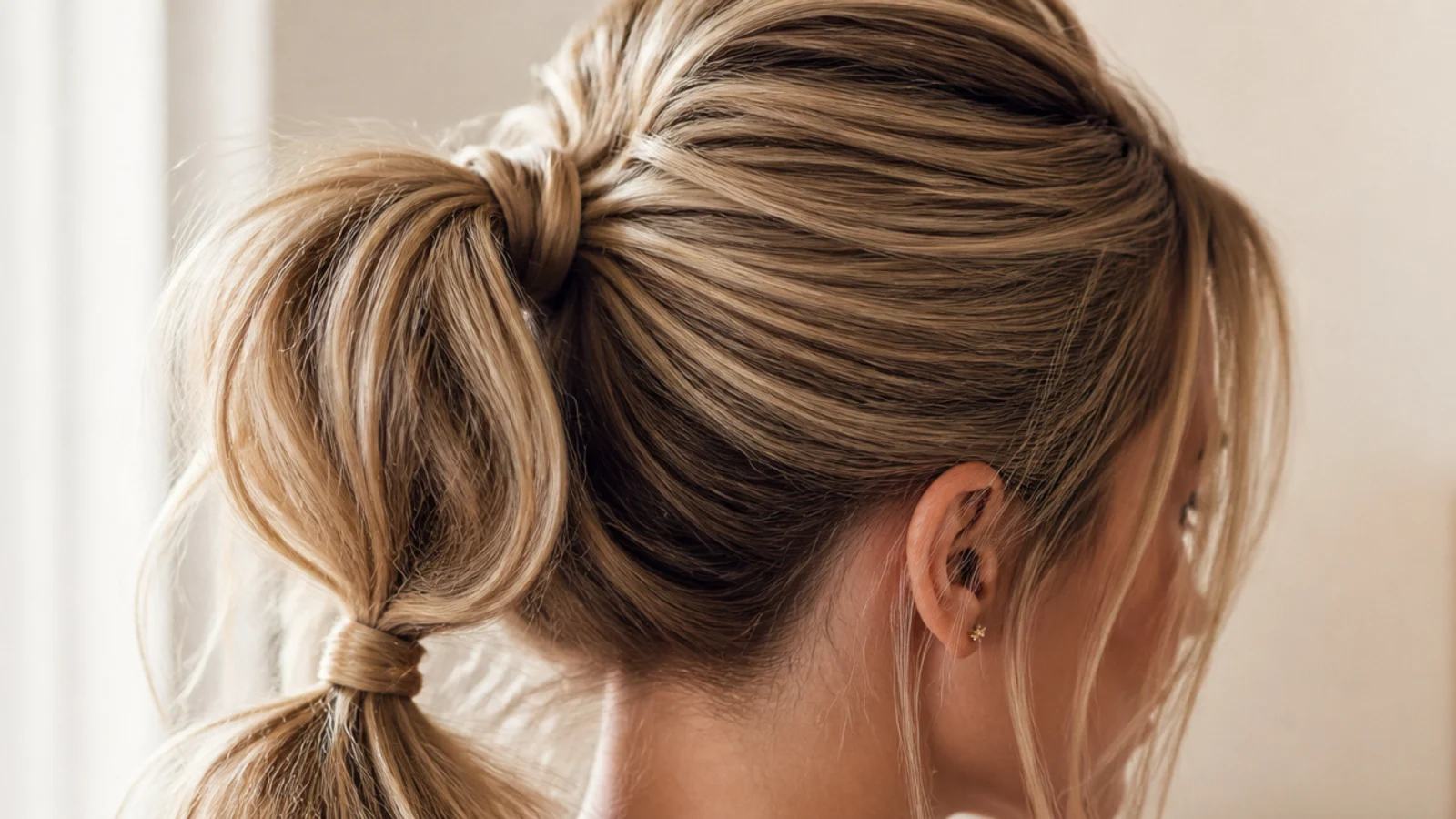 Two elastics sitting one above the other at a ponytail base