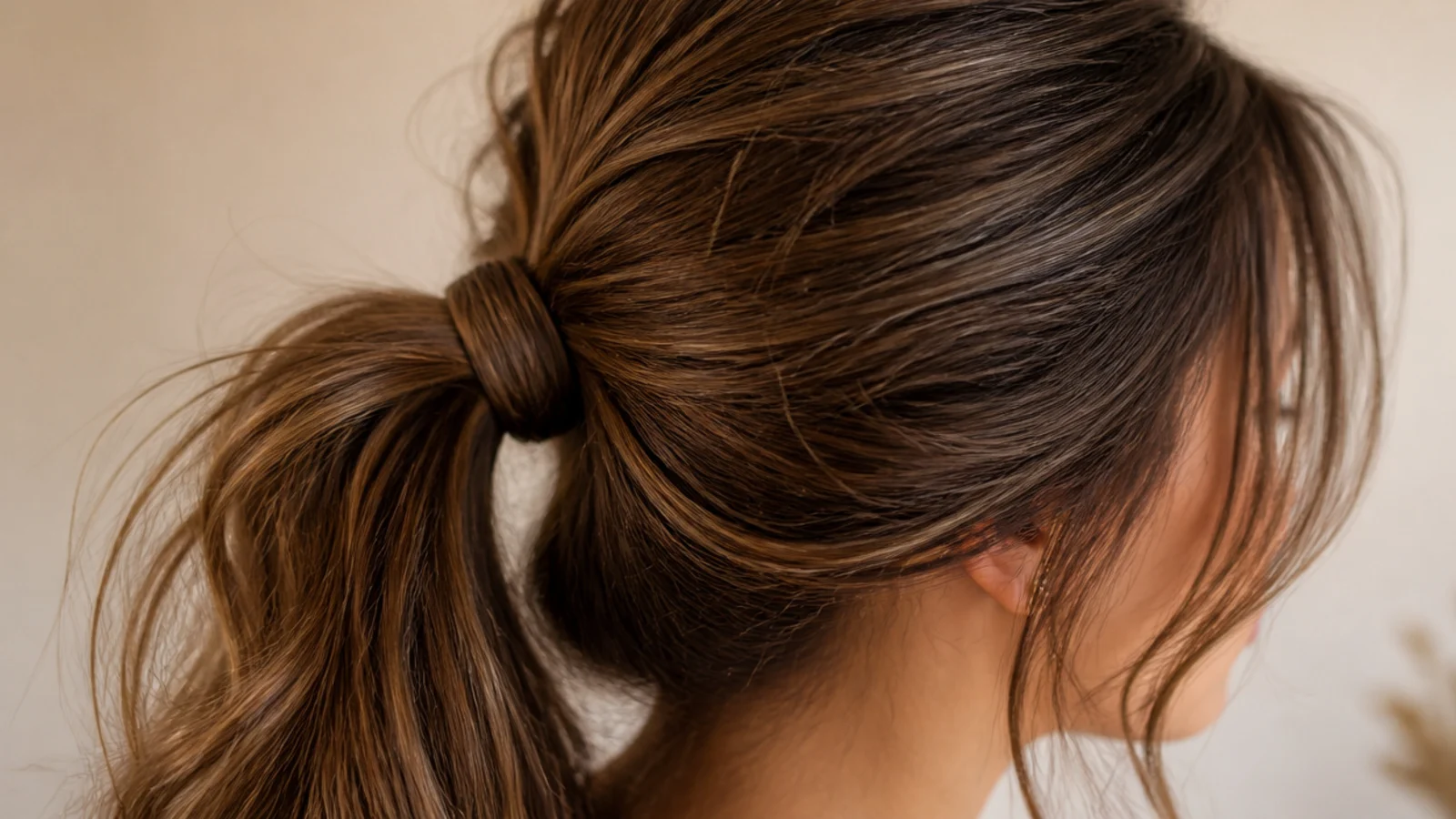 Curtain bangs falling forward above a gathered ponytail
