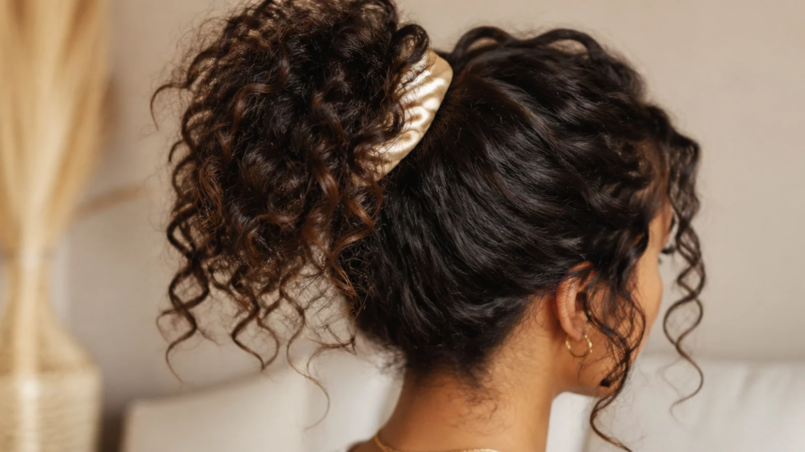 Springy curls gathered high on the head in a loose pineapple
