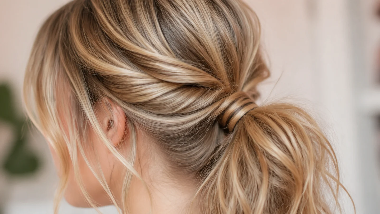 Two twisted front sections joining into a low ponytail