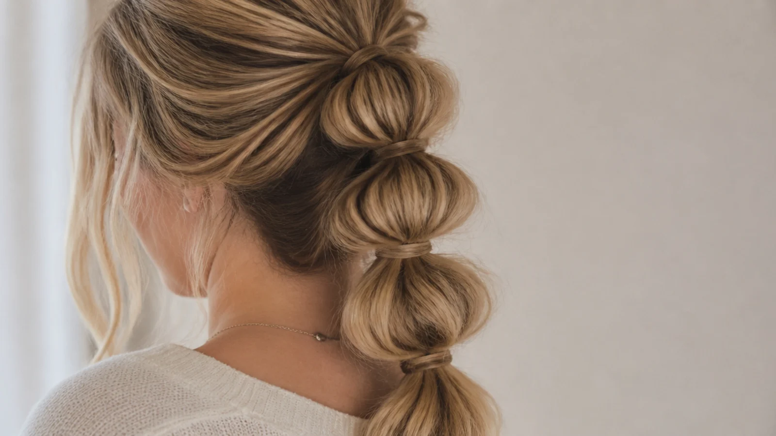 A bubble ponytail divided by five evenly spaced elastics