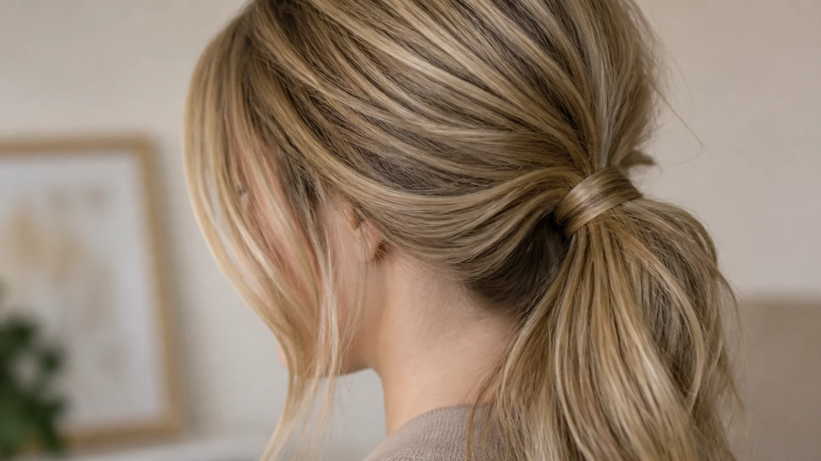 Long hair swept into a ponytail resting over one shoulder