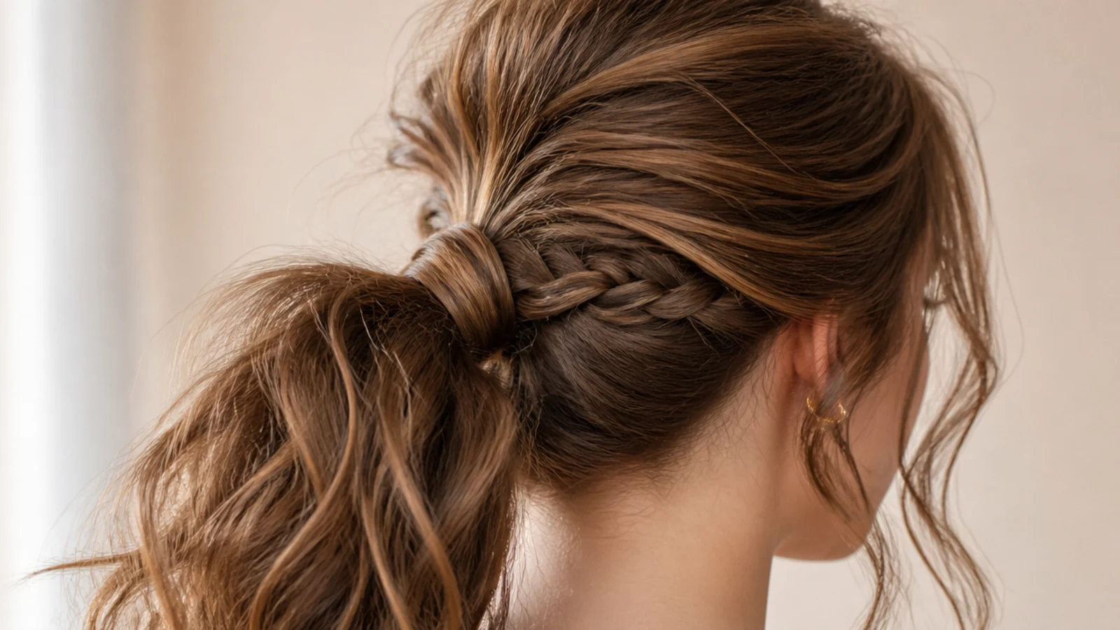 A short braid feeding into the base of a ponytail