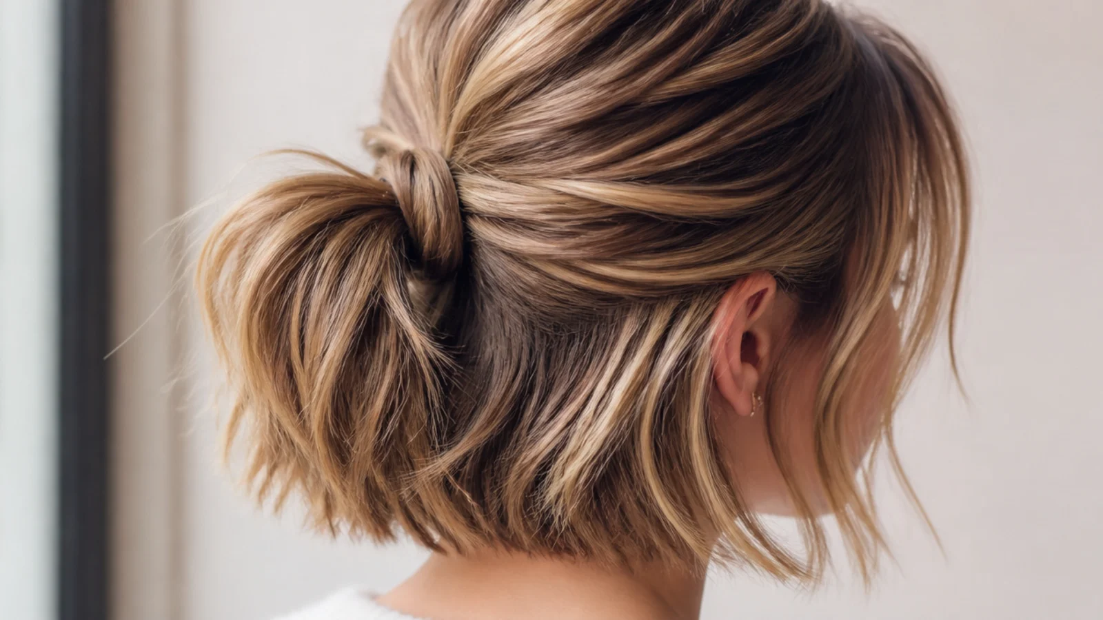 A chin length bob with the top section tied back