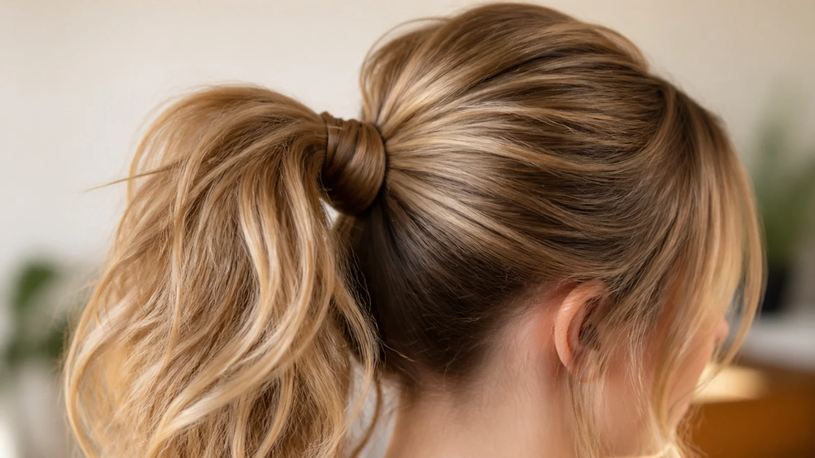 A ponytail with a smoothed root and a roughly textured tail