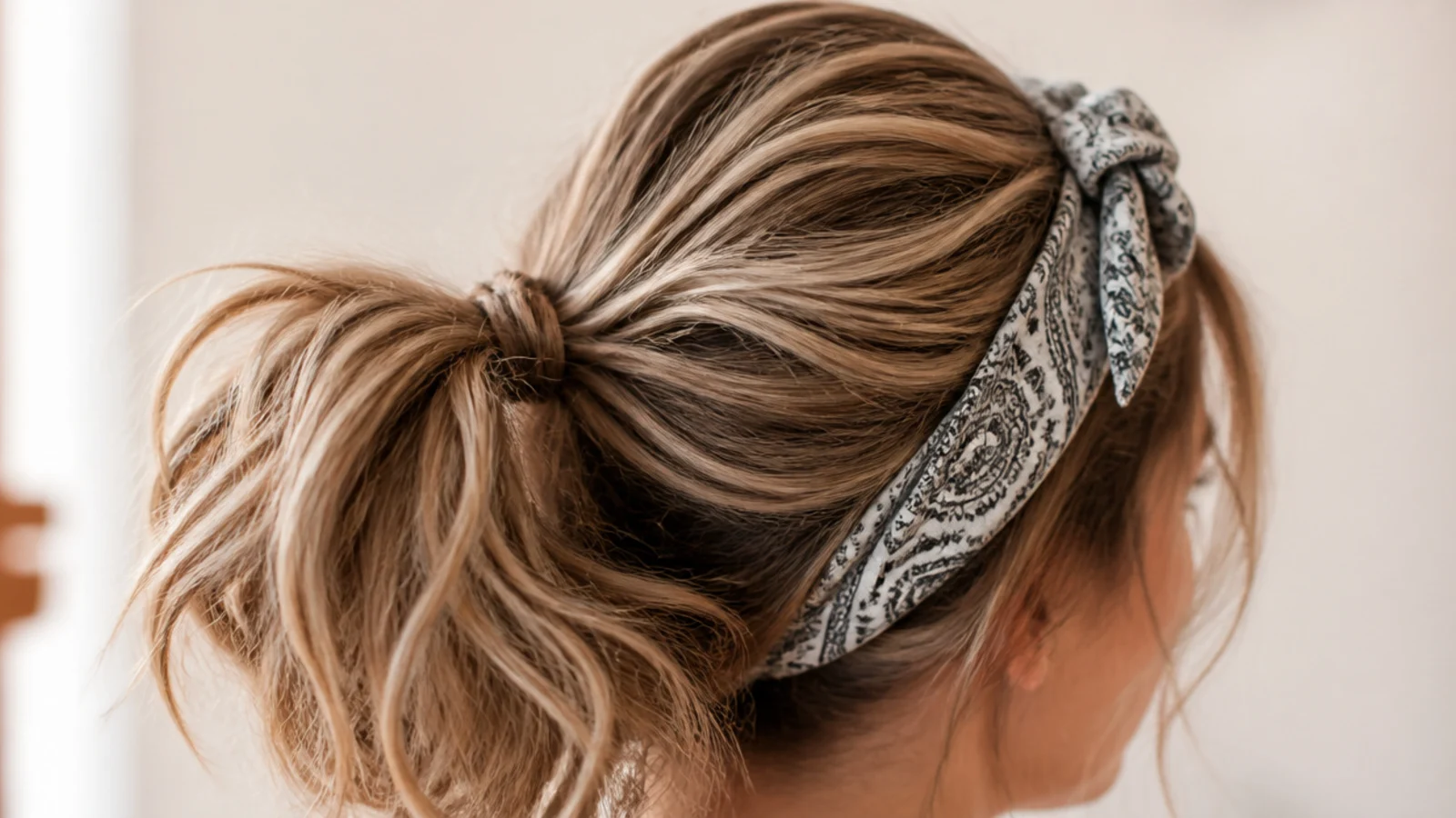 A folded bandana across the front hairline above a ponytail