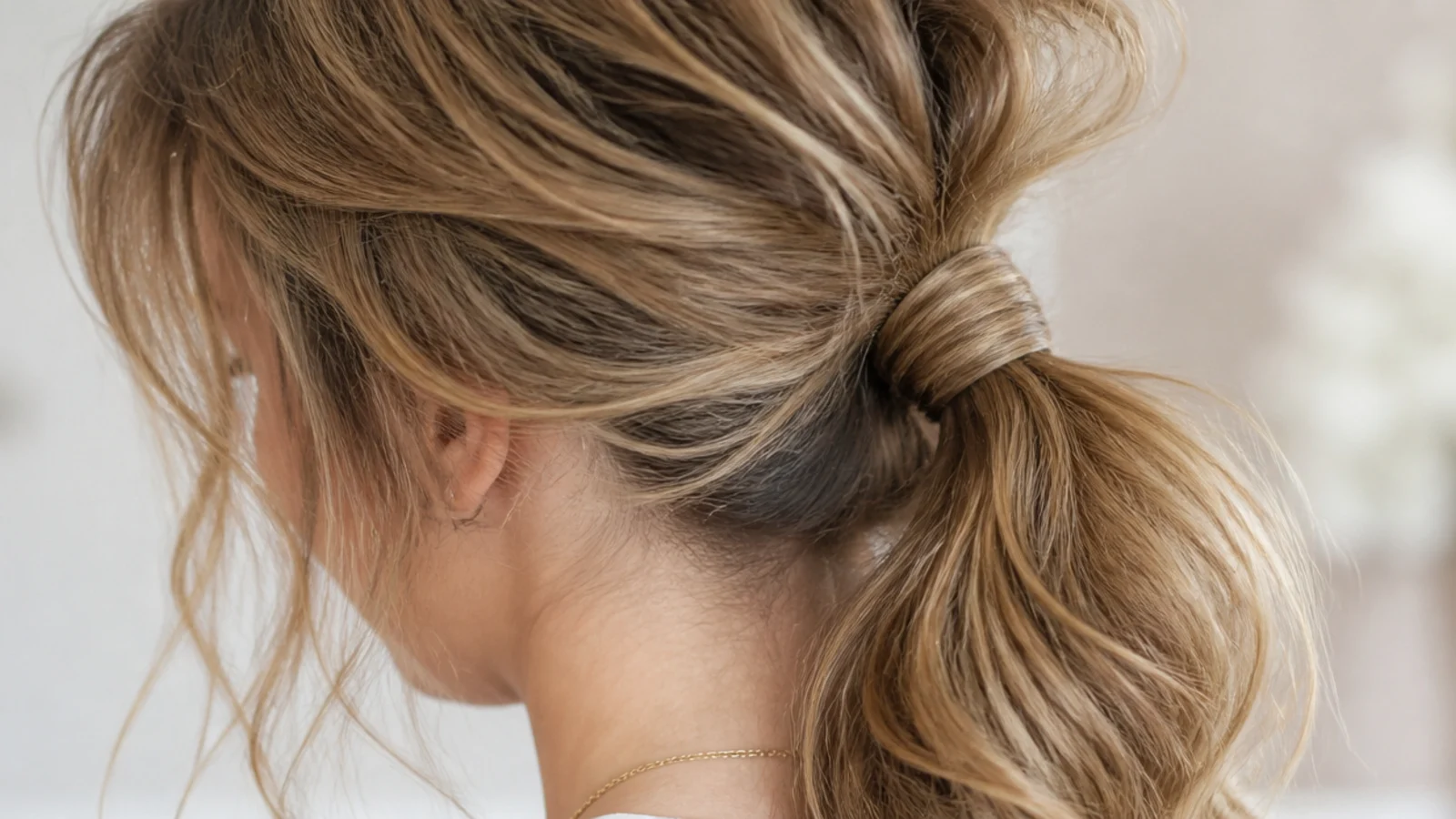 Waves left by an overnight braid gathered into a morning ponytail