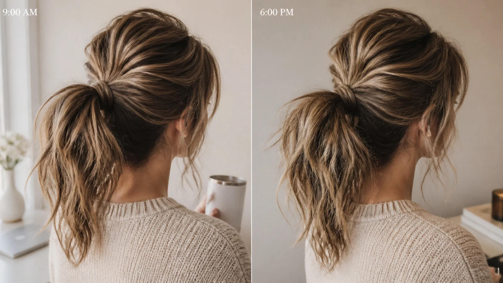 Close view of a ponytail base still holding at the end of a day