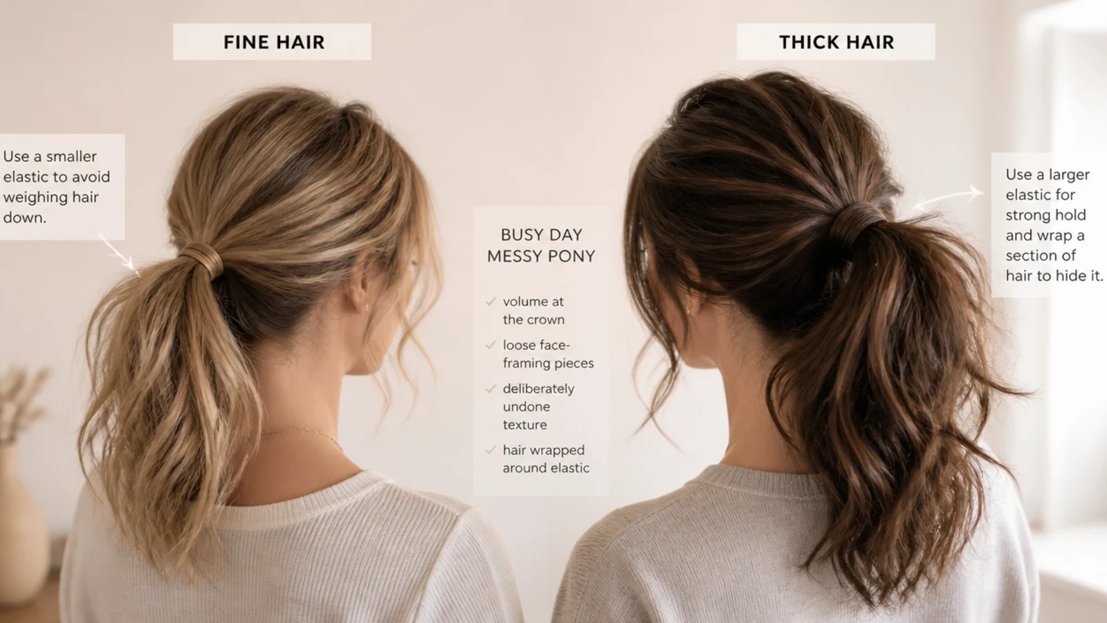 A fine haired ponytail beside a thick one at the same tie height