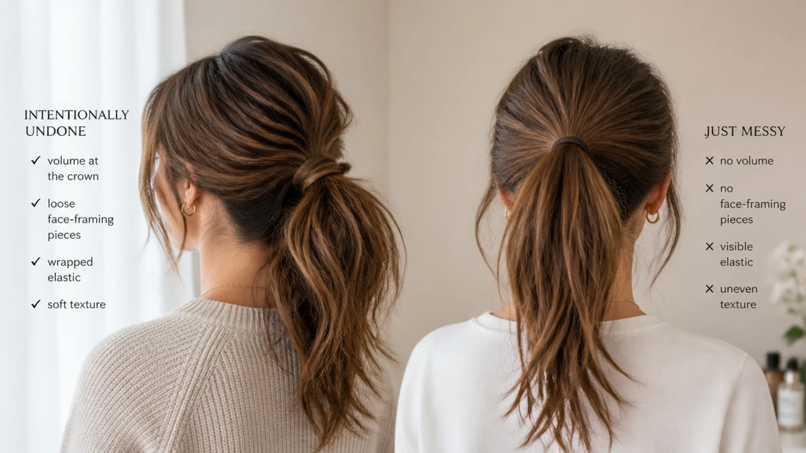 A ponytail with a tight base and deliberately loosened crown