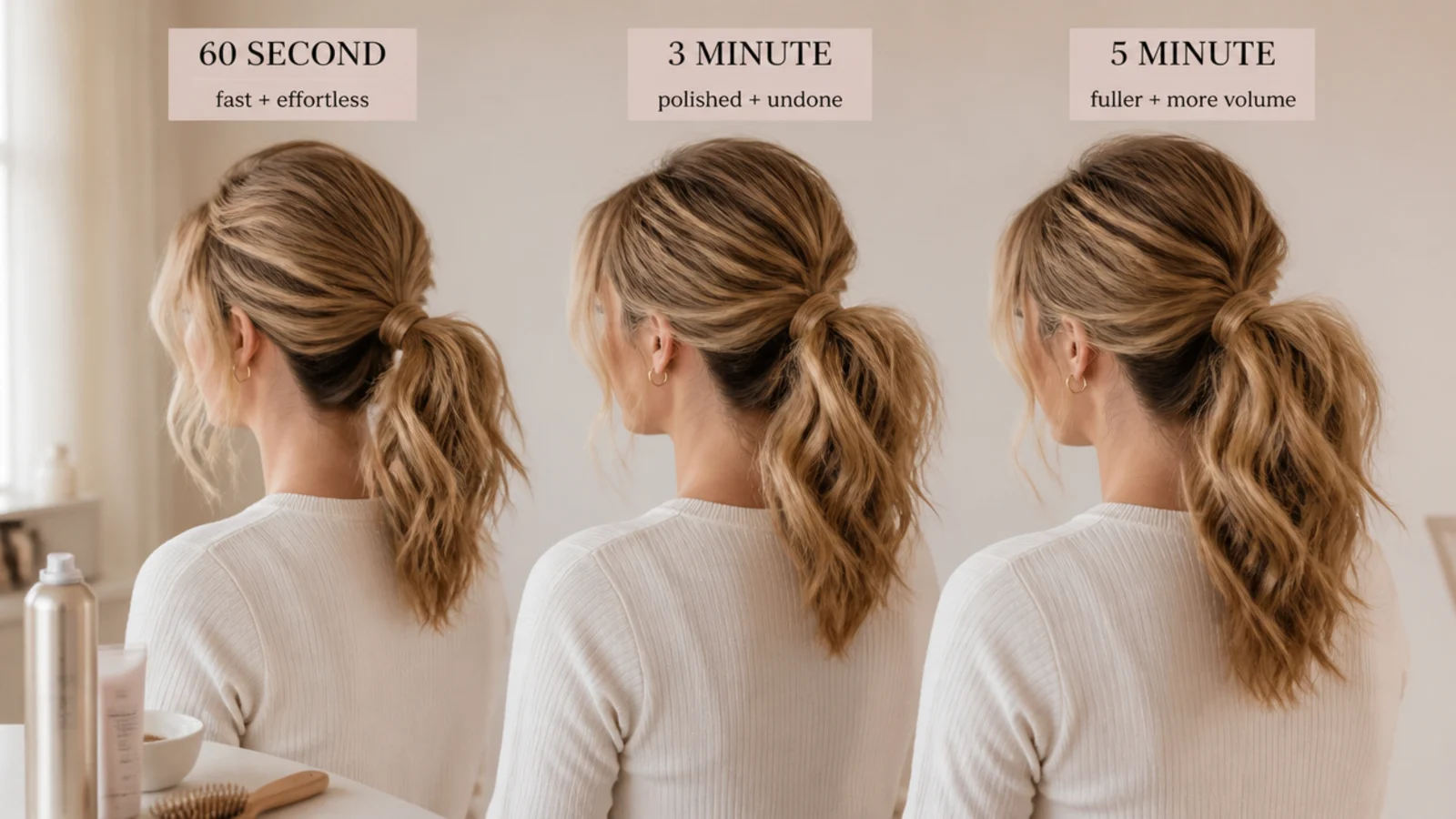 Three ponytails photographed side by side showing increasing amounts of finish