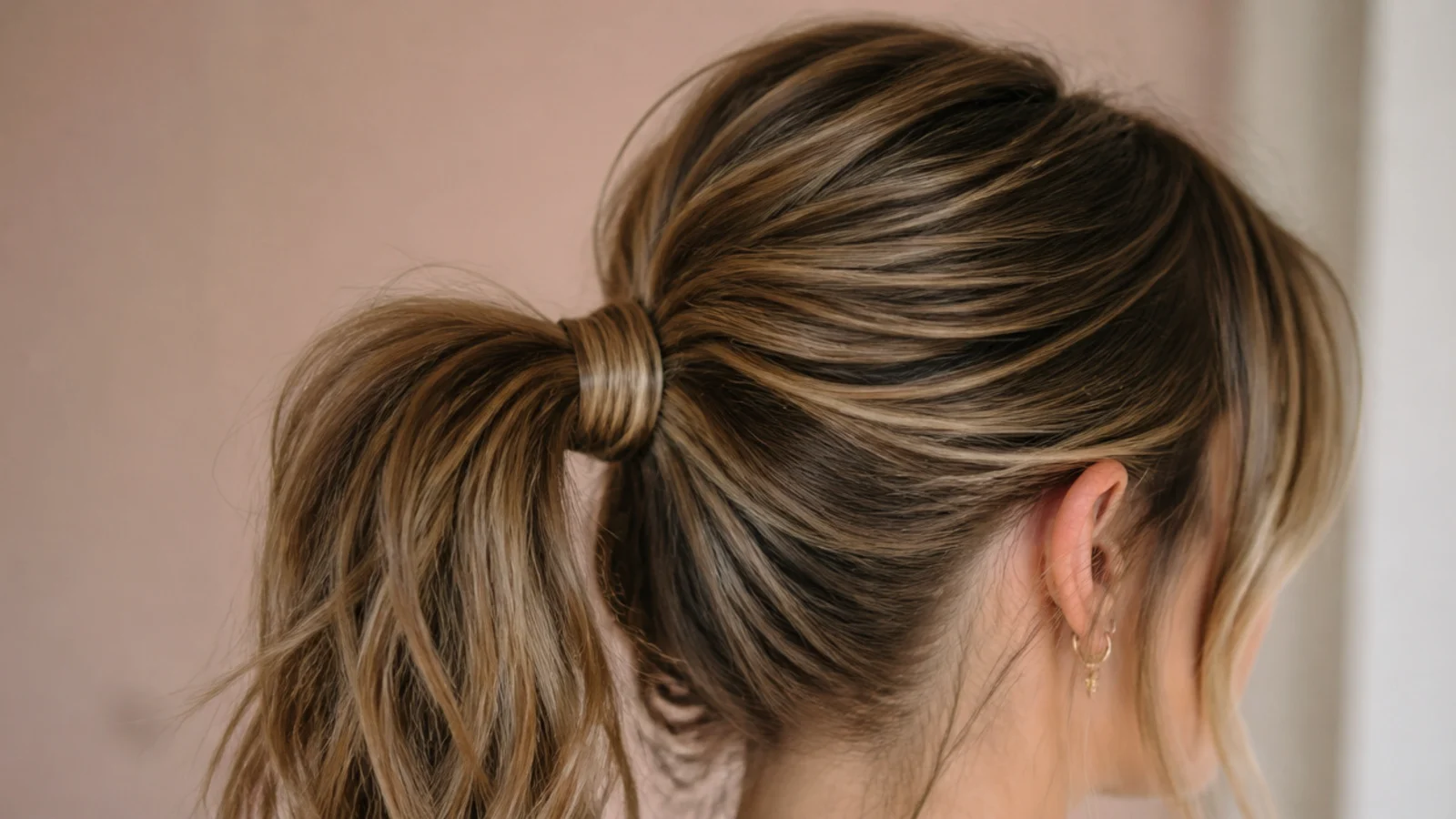 Long hair gathered into a ponytail level with the top of the ear