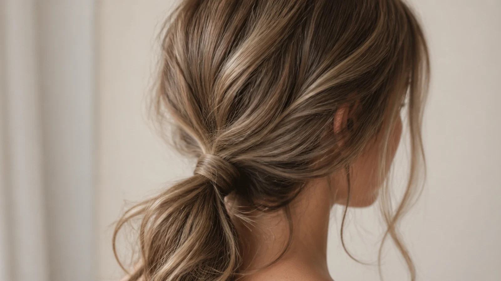 A low ponytail resting at the nape with the length falling down the back