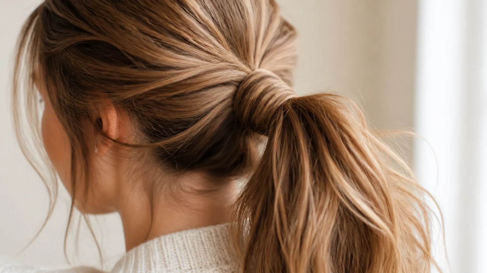 Hair wound several times around the base of a long ponytail