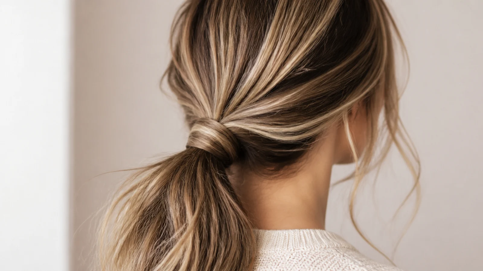 A long ponytail swept forward over one shoulder