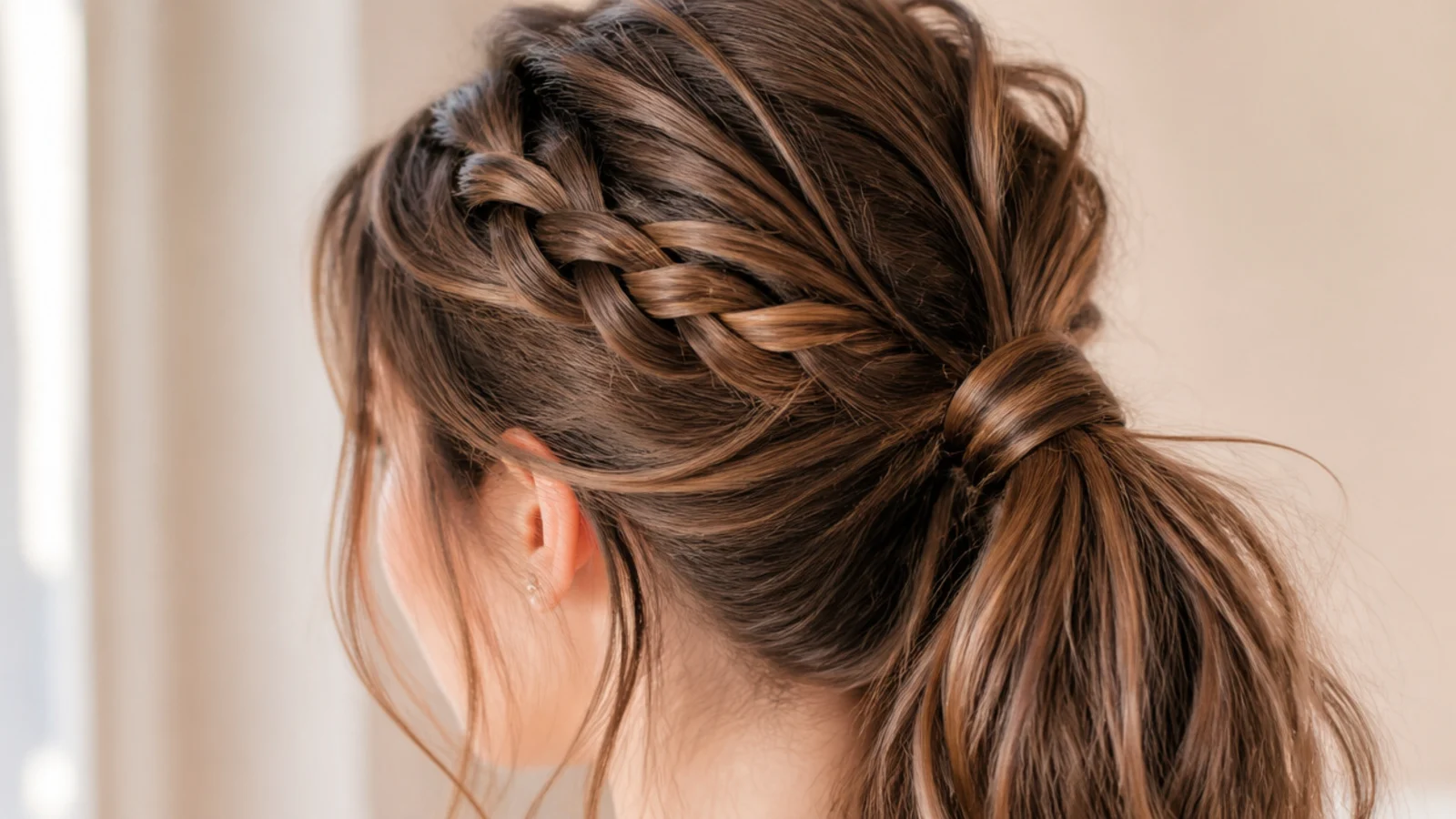 A short braid feeding into the base of a long ponytail