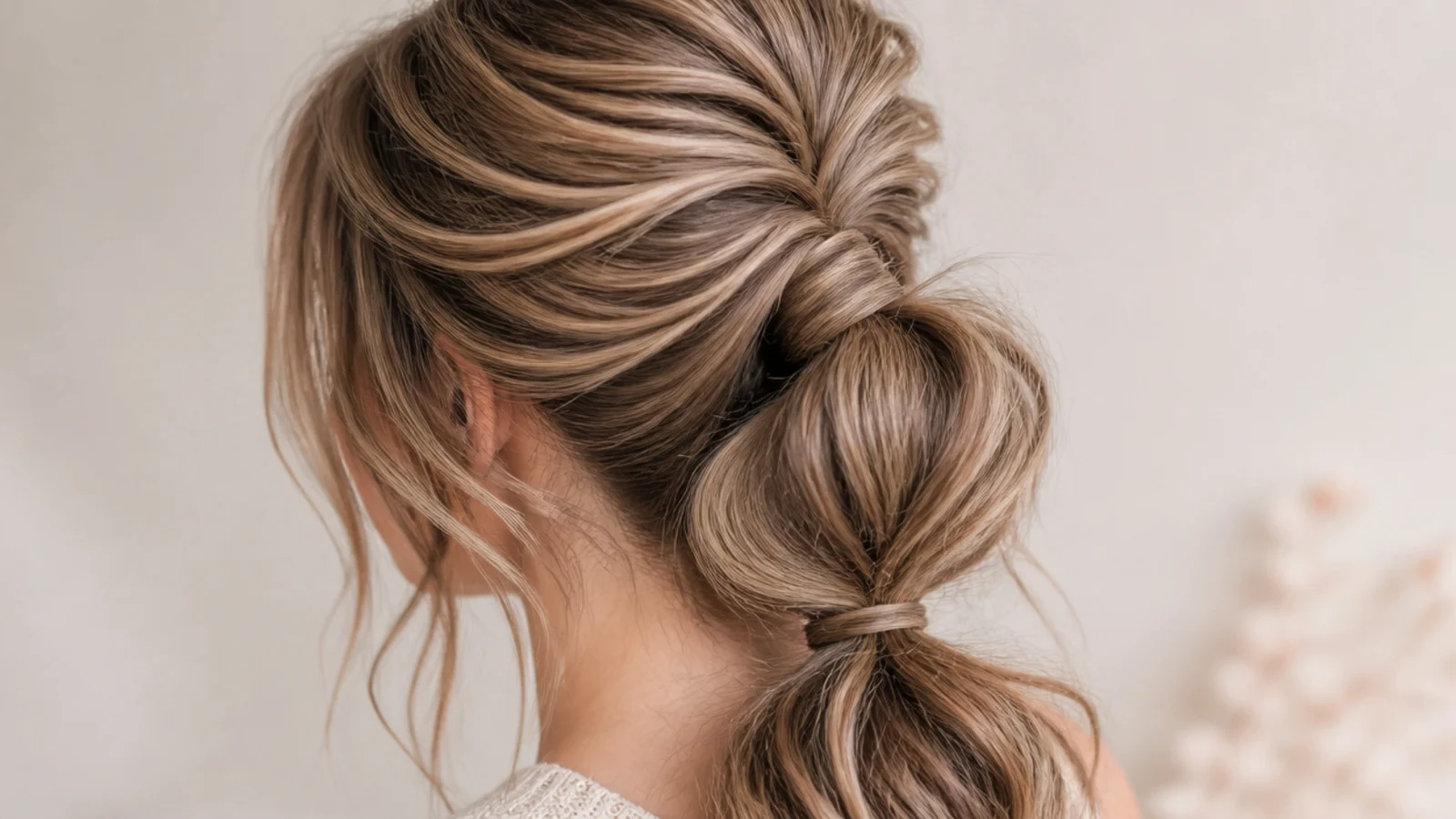 A pull through ponytail with sections looped back on themselves