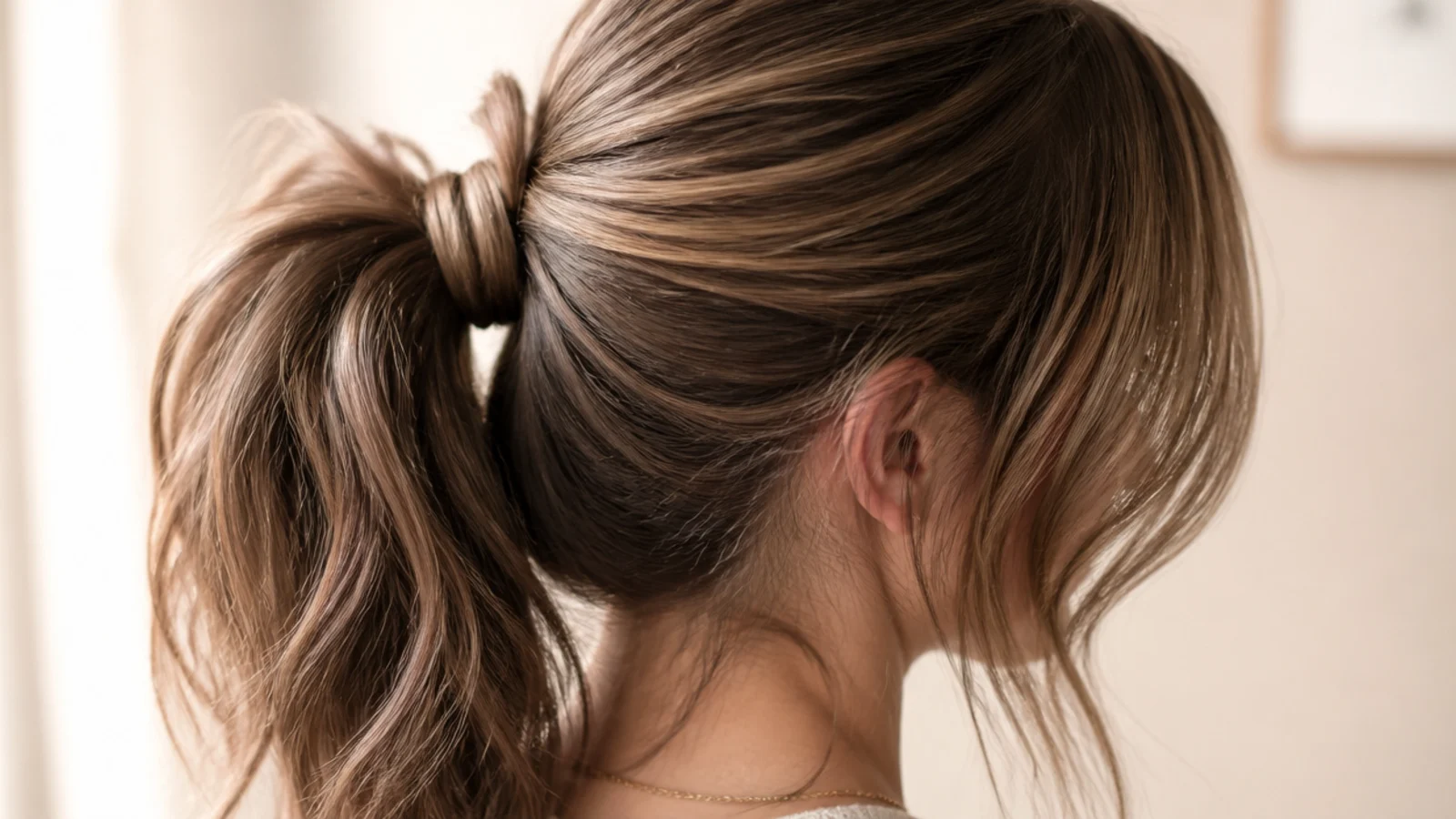 Curtain bangs falling forward above a long gathered ponytail