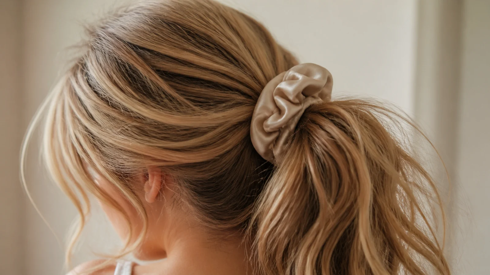 A fabric scrunchie holding a long ponytail at mid height
