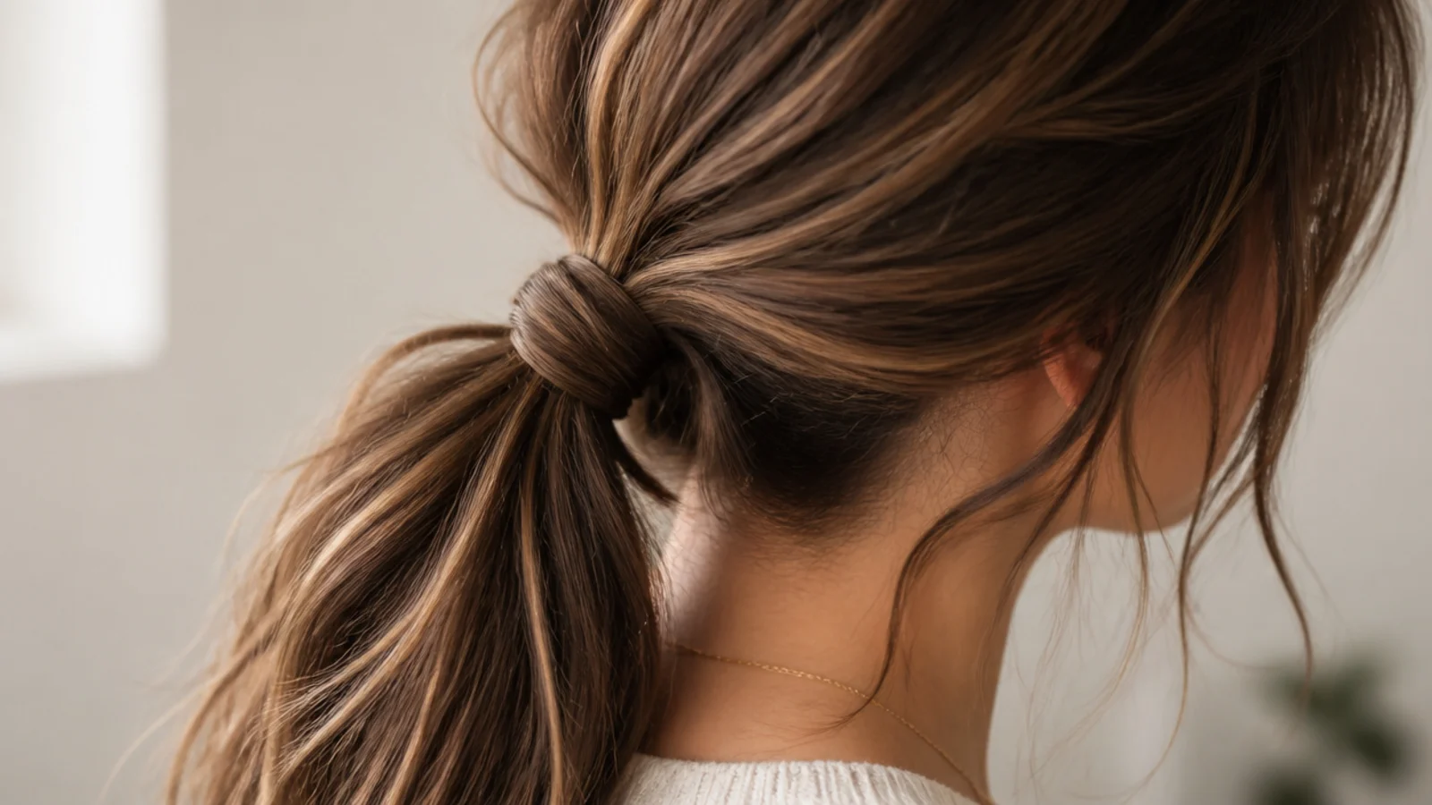Two sections knotted together at the base of a long ponytail