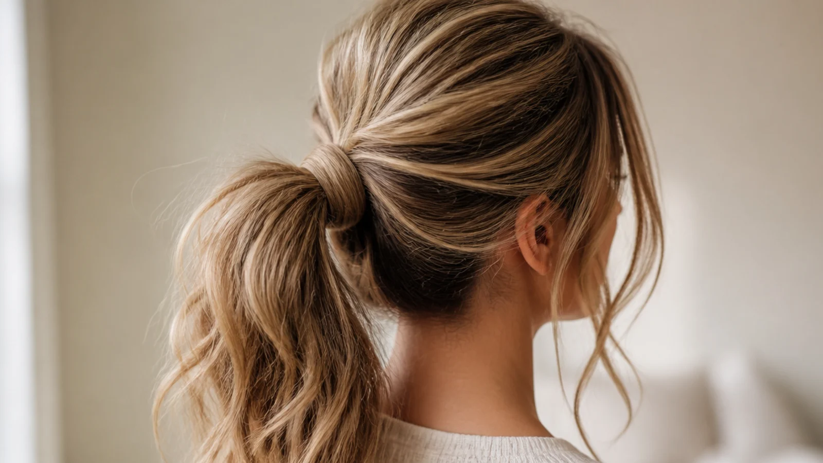 A long ponytail with a smoothed root and undone lengths