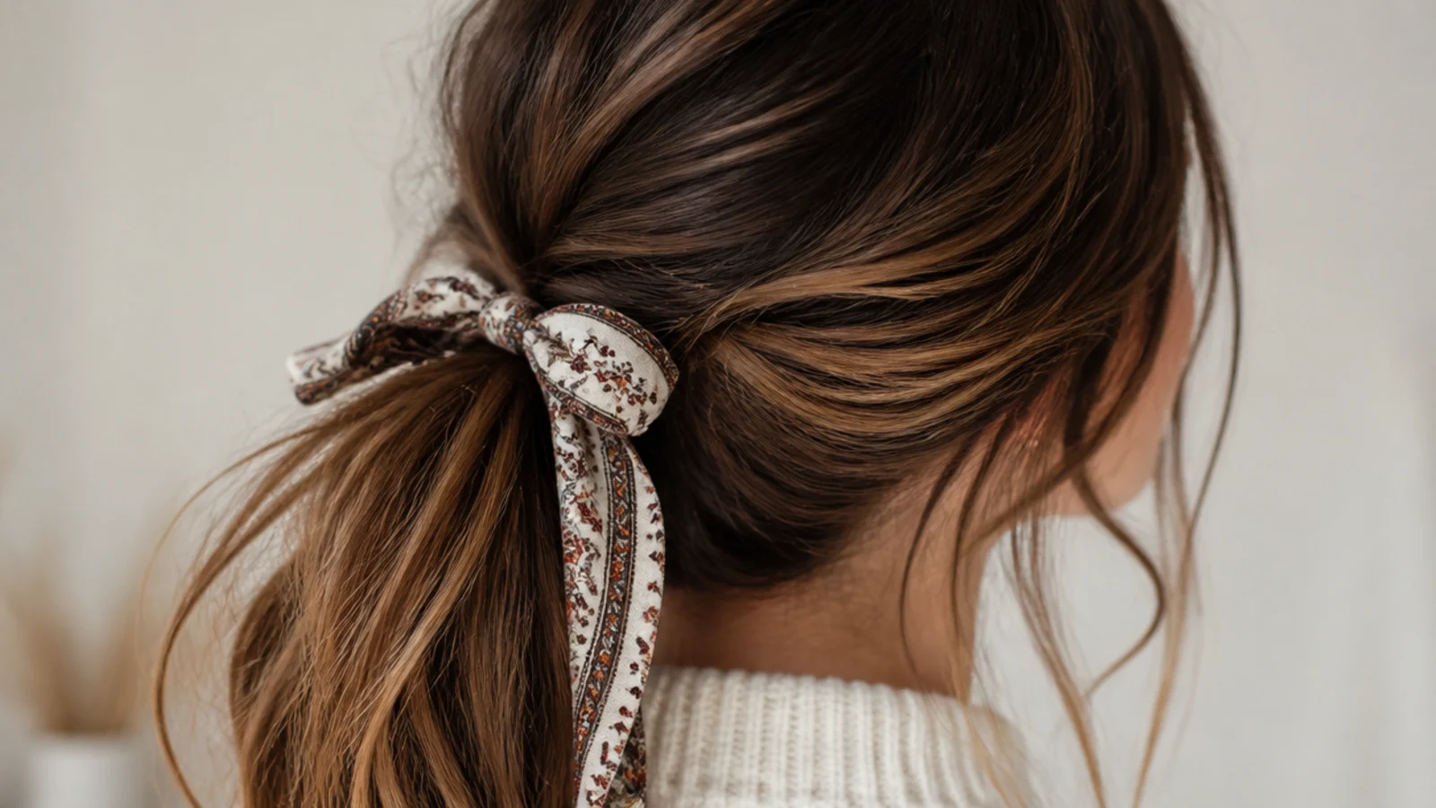 A silk scarf knotted at the base of a long ponytail with ends trailing