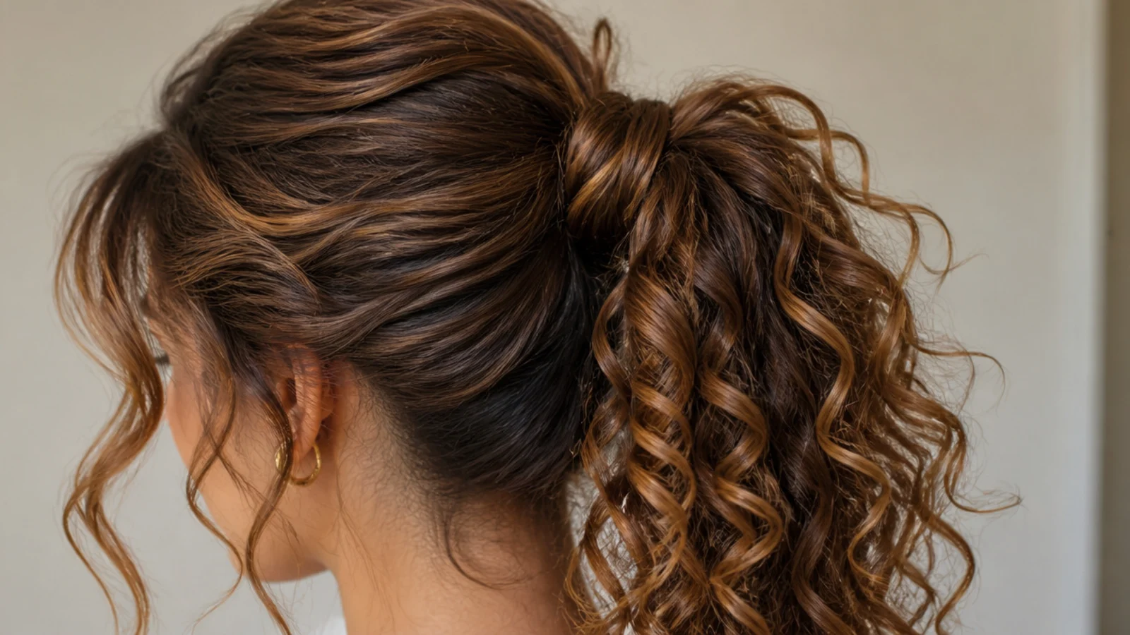 Long curls gathered loosely into a high ponytail