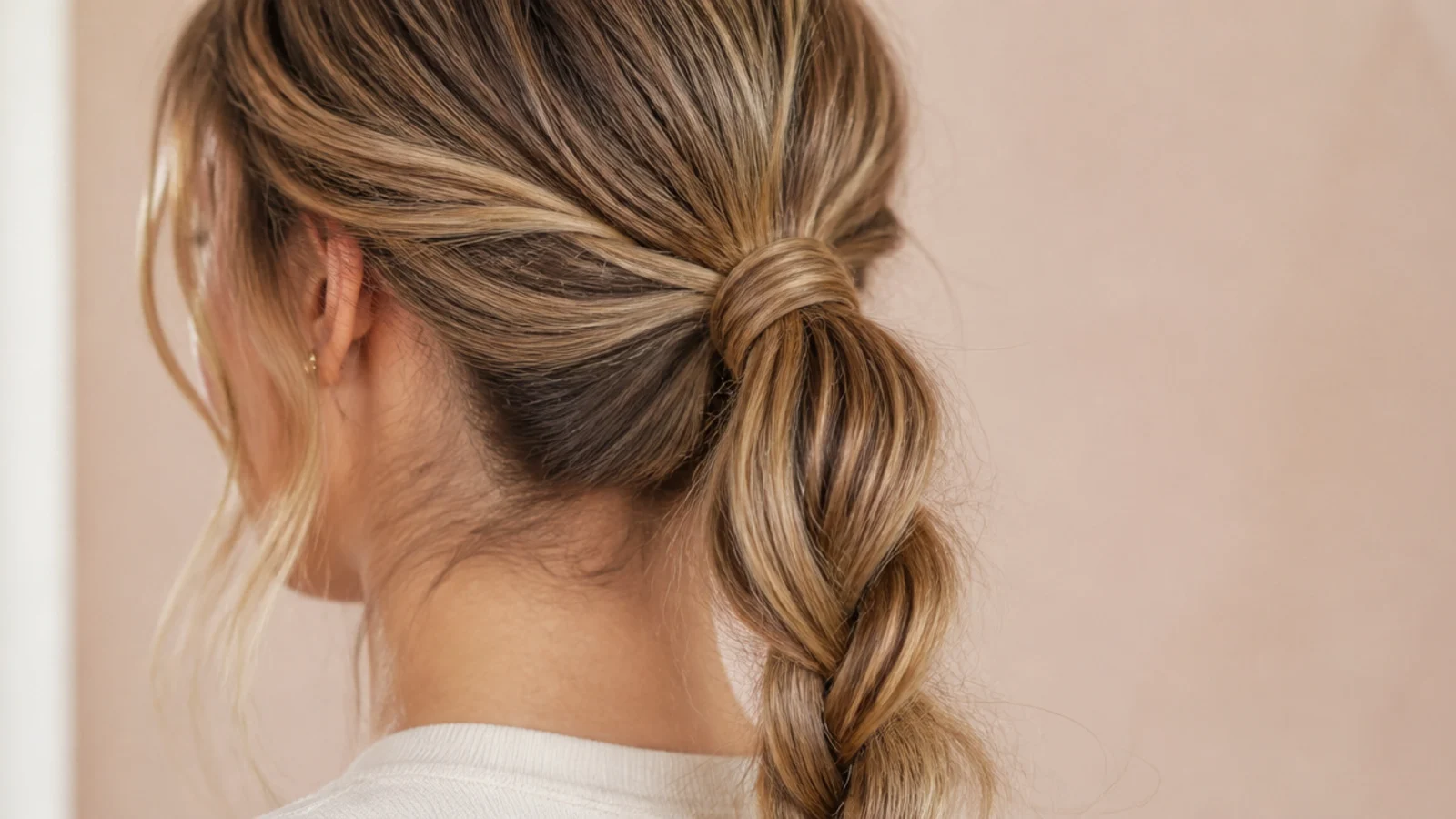 A long ponytail wound into a two strand rope twist