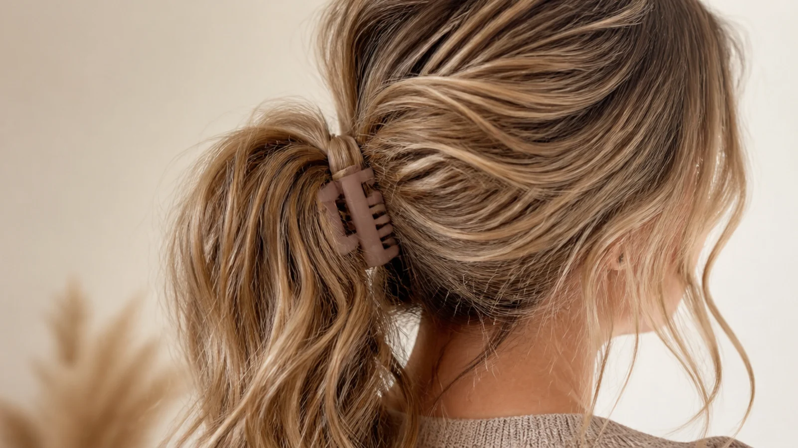 A large claw clip holding long hair in a gathered ponytail